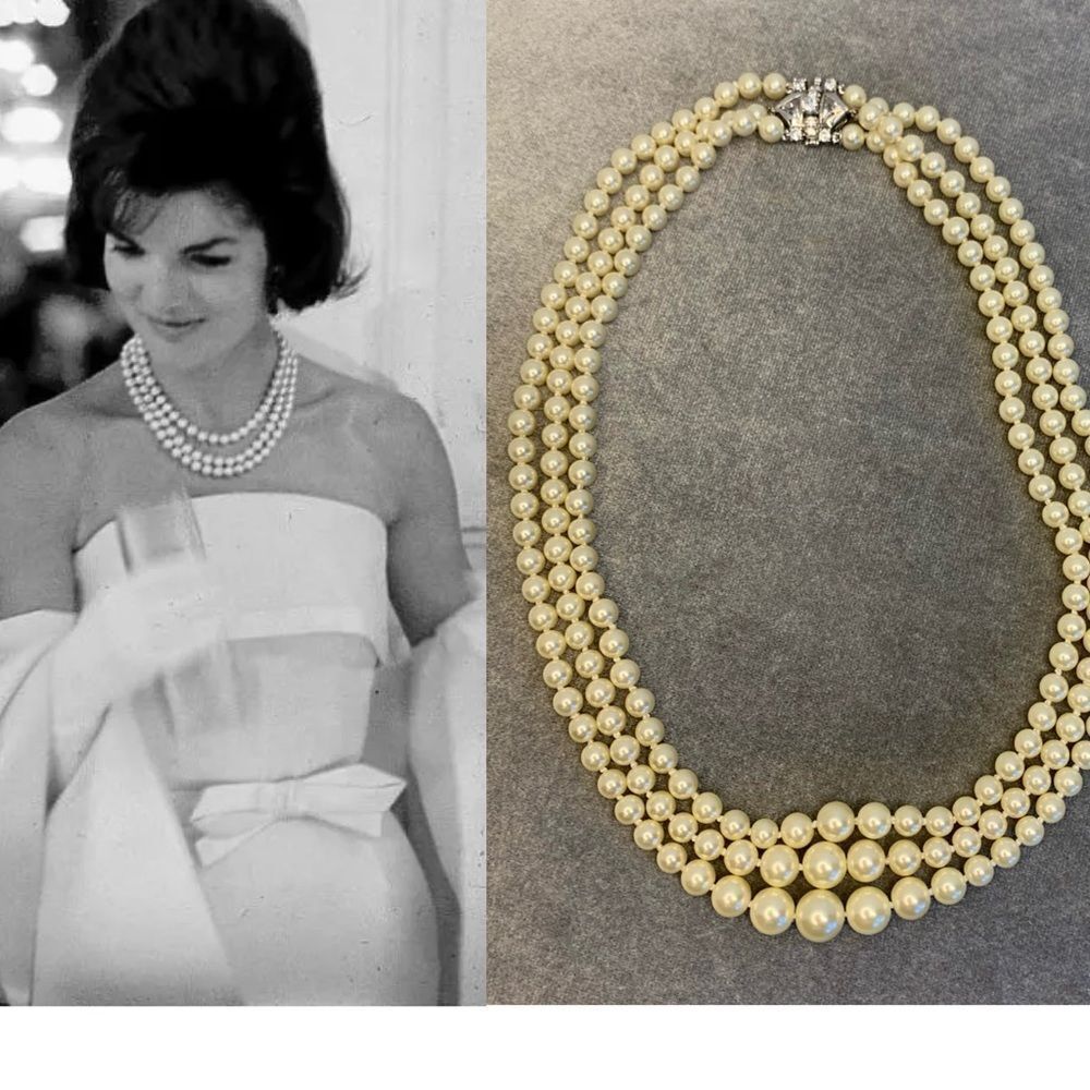 JACKIE kennedy inspired triple layered strand faux pearl rhinestone necklace